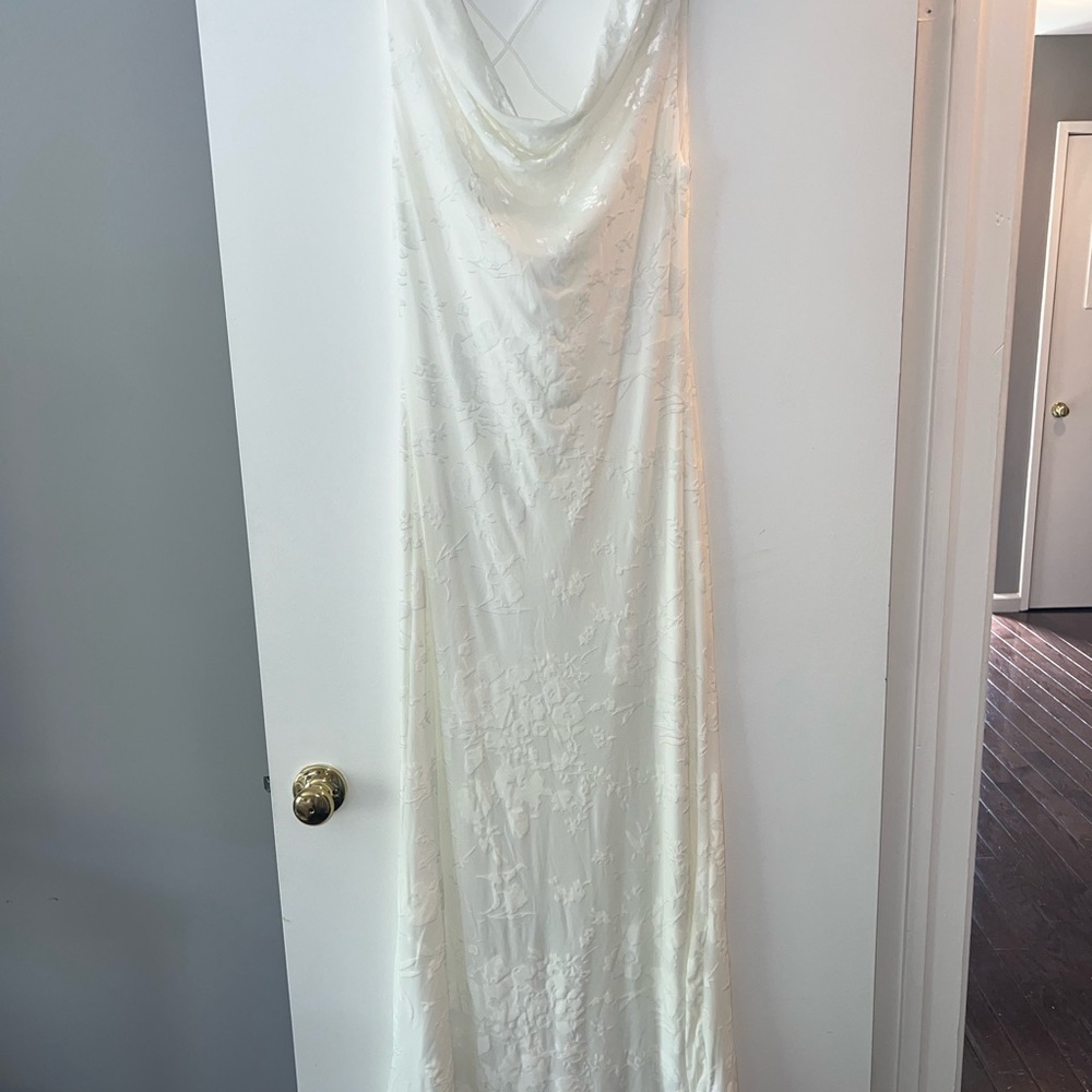 Velvet cowl neck/low back white maxi dress